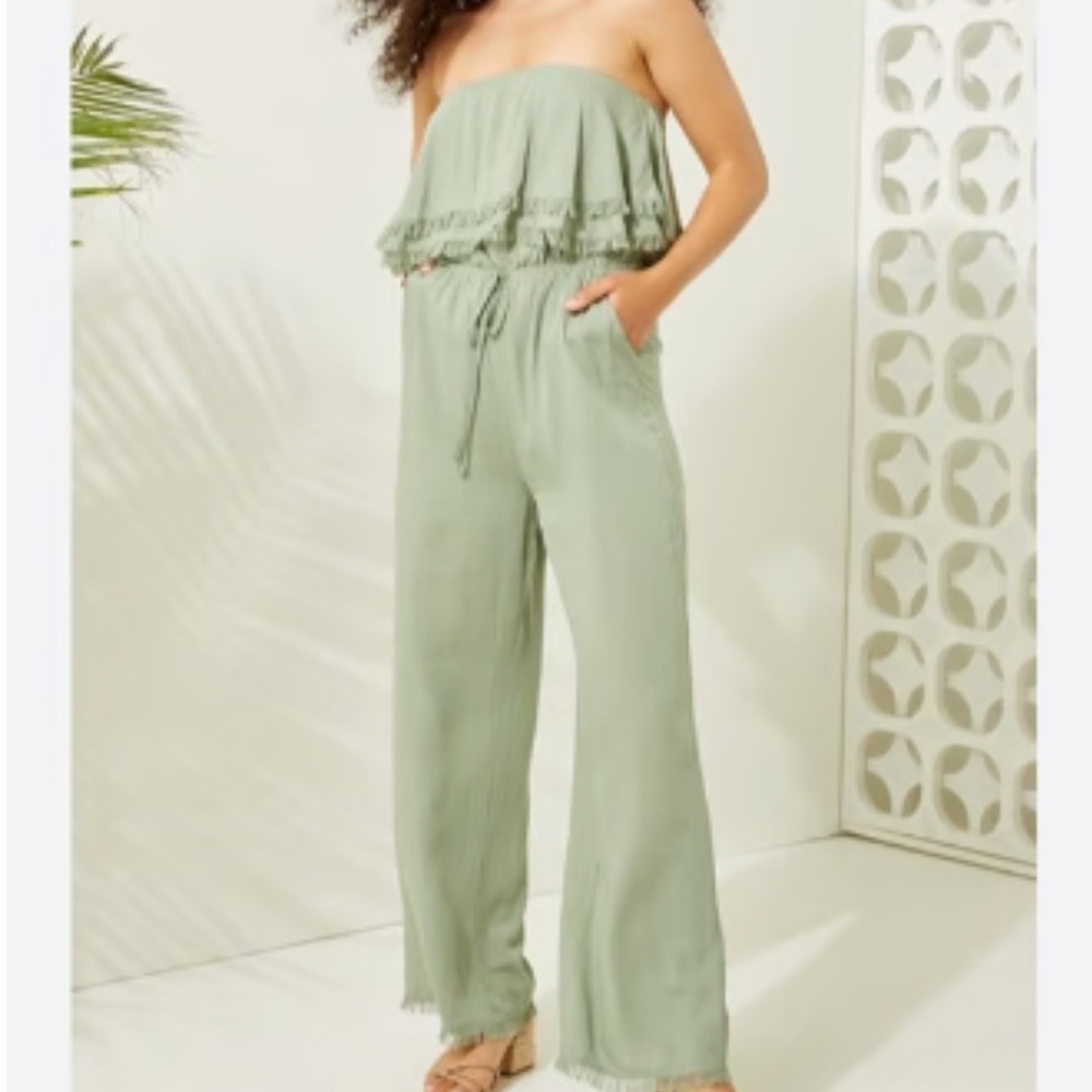Altar'd State Green Eden Frayed Edge Strapless Jumpsuit